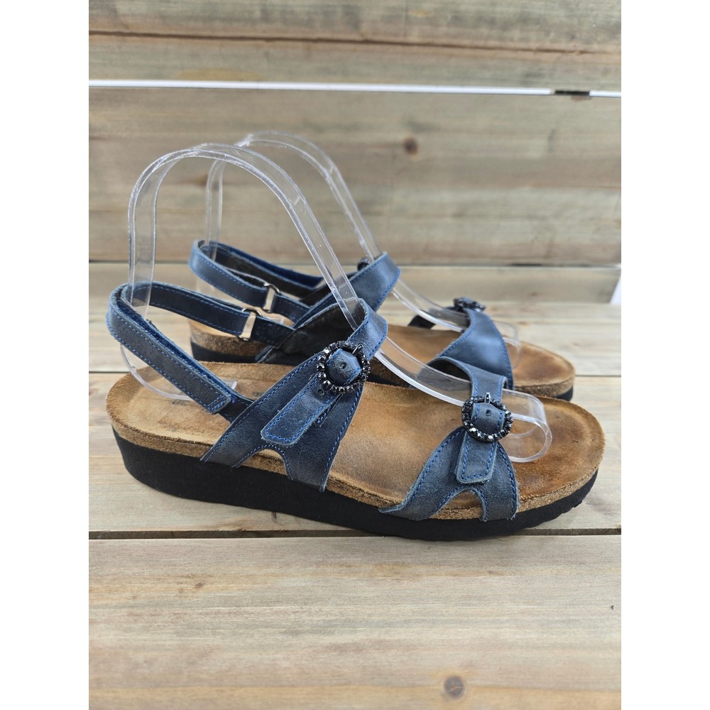 Naot Pamela Blue Leather Rhinestone Buckle Comfort Sandals Women 38 US 7-7.5